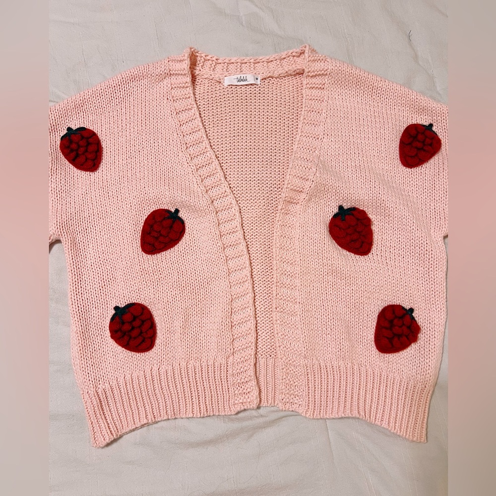 Talulah Strawberry Knit Cardigan Size Medium Pink Red Embroidered - Picture 3 of 8